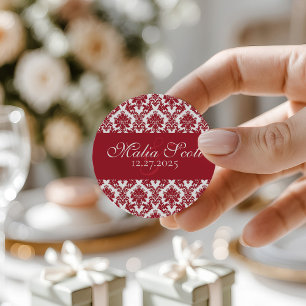 Sticker Rond Elégant Rouge Blanc Mariage damassé Favoriser