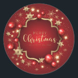 Sticker Rond Élégant Rouge Et Or Snowflakes Ornements Christma<br><div class="desc">Joyeux Noël et Joyeux Nouvel An écrit dans de fausses textures d'or avec des flocons d'or et des ornements sur un bel arrière - plan rouge brillant.</div>