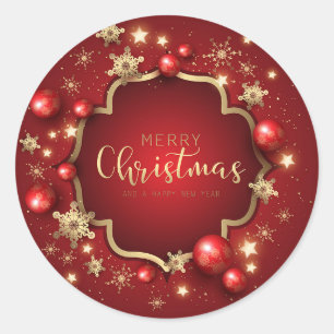 Sticker Rond Élégant Rouge Et Or Snowflakes Ornements Christma