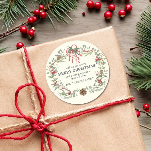 Sticker Rond Elégant rouge vert Noël moderne fleurs de fer