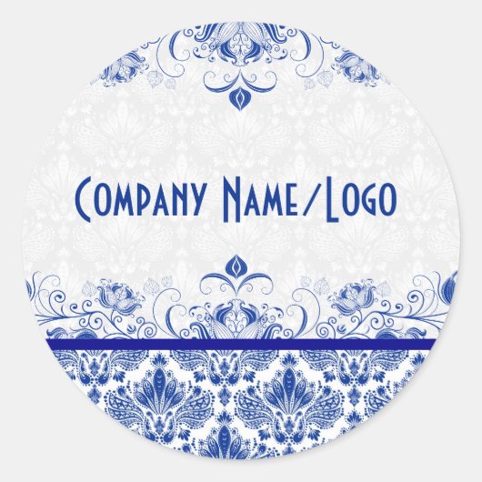 Sticker Rond Elégant Royal Bleu Et Blanc Damas & Fils (Devant)
