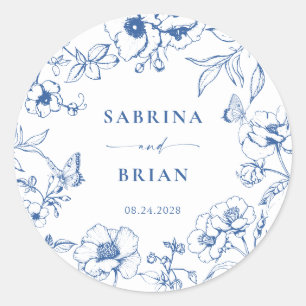 Sticker Rond Elégant Royal Blue Floral Mariage