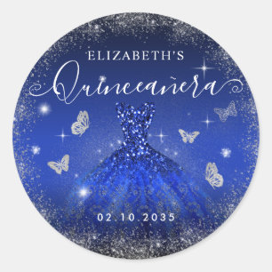 Sticker Rond Elégant Royal Blue Parties scintillant argent Gown