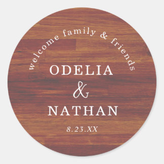 Sticker Rond Elegant Rustic Wood Grain Texture Arched Wedding