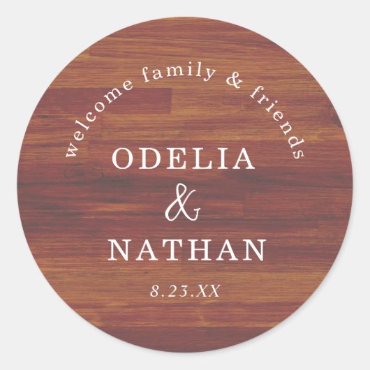 Sticker Rond Elegant Rustic Wood Grain Texture Arched Wedding (Devant)