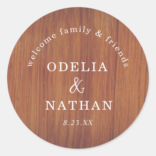 Sticker Rond Elegant Rustic Wood Grain Texture Arched Wedding (Devant)