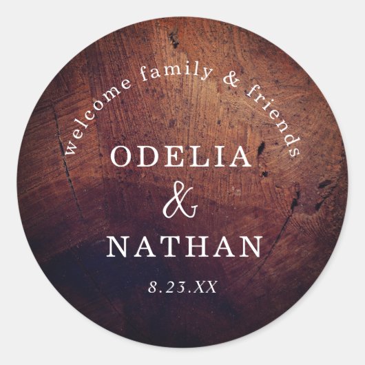 Sticker Rond Elegant Rustic Wood Grain Texture Arched Wedding (Devant)