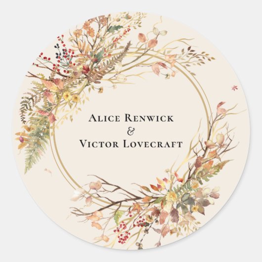 Sticker Rond Elégant Rustique Automne Beige Mariage Enveloppe P (Devant)