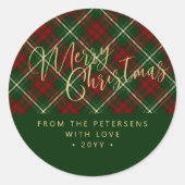 Sticker Rond Elégant rustique plaid rouge et vert Joyeux Noël (Devant)