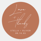 Sticker Rond Élégant Rustique Terracotta Love + Merci Mariage (Devant)