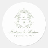 Sticker Rond Elégant Sage Chinoiserie Crest Monogramme Mariage (Devant)