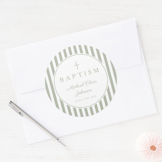 Sticker Rond Elegant Sage Green Cross Boy Baptism  (Enveloppe)