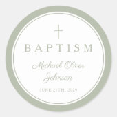 Sticker Rond Elegant Sage Green Cross Boy Baptism  (Devant)