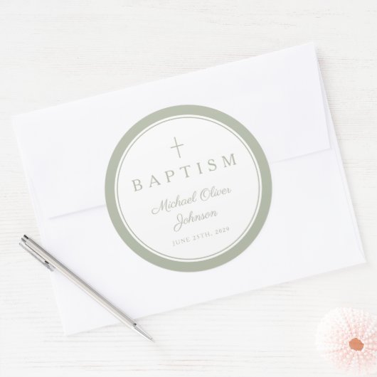 Sticker Rond Elegant Sage Green Cross Boy Baptism  (Enveloppe)