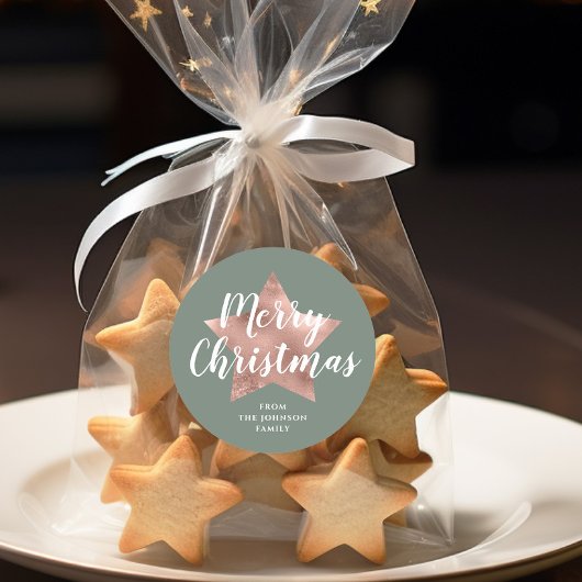 Sticker Rond Élégant Sage Green Rose Gold Star Noël