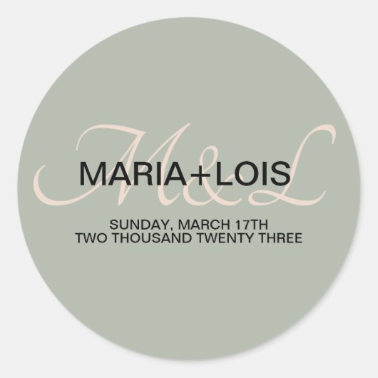 Sticker Rond Élégant Sage Vert rose Mariage Monogramme (Devant)