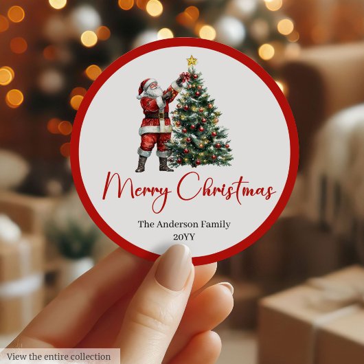 Sticker Rond Elegant Santa Claus Red White Script Font Holiday