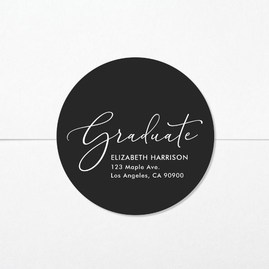 Sticker Rond Élégant Script Black Graduation Adresse de retour