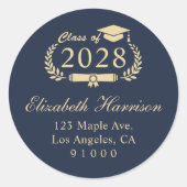 Sticker Rond Élégant Script Blue Gold Graduation Adresse de ret (Devant)