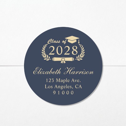 Sticker Rond Élégant Script Blue Gold Graduation Adresse de ret