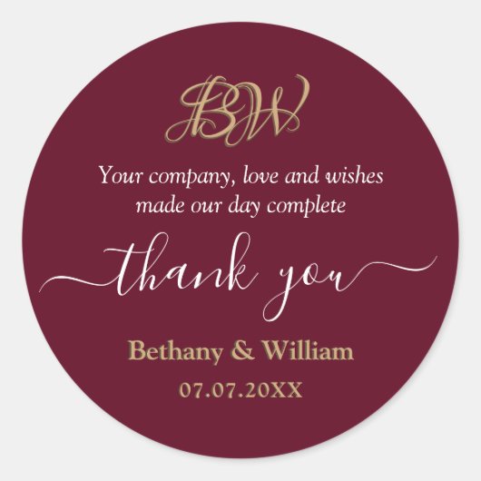 Sticker Rond Élégant Script Couples Monogramme Merci Favor (Devant)