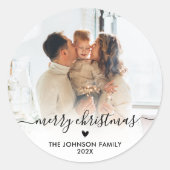 Sticker Rond Élégant script de coeur Famille Photo Joyeux Noël (Devant)
