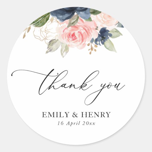 Sticker Rond Élégant script marine blush floral mariage Merci (Devant)