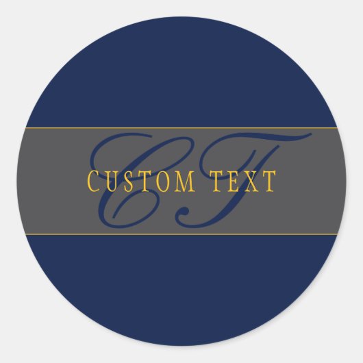 Sticker Rond Élégant Script Monogram Dark Navy Blue Grey & Gold (Devant)