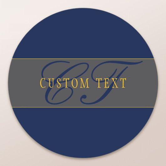Sticker Rond Élégant Script Monogram Dark Navy Blue Grey & Gold
