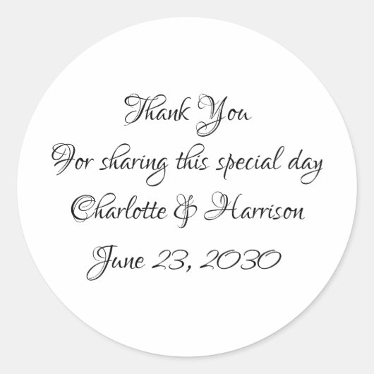 Sticker Rond Élégant script noir blanc Mariage cadeau faveur (Devant)