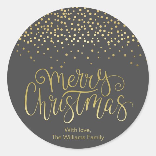 Sticker Rond Élégant script or & Confetti Noir Noël (Devant)