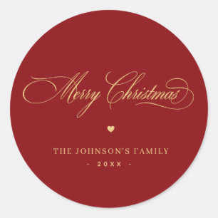 Sticker Rond Élégant Script Red & Gold Joyeux Noël personnalisé