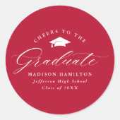 Sticker Rond Élégant script rouge Cheers au diplômé (Devant)
