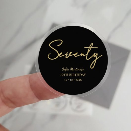 Sticker Rond Elegant Seventy Birthday Sticker–Black Gold Script
