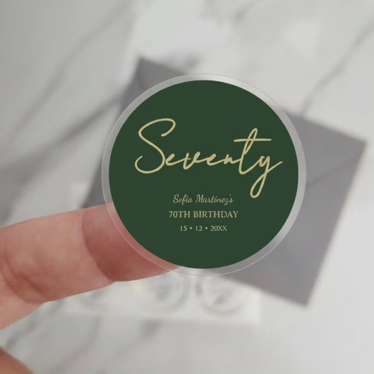 Sticker Rond Elegant Seventy Birthday Sticker–Green Gold Script