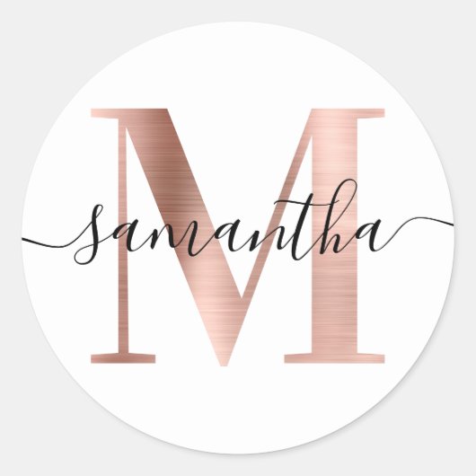 Sticker Rond Élégant Signature Rose Gold Foil M Monogramme (Devant)