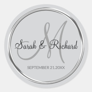 Sticker Rond Elegant Silver Gray Monogrammed Wedding Favor 