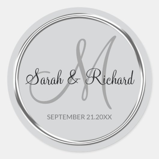Sticker Rond Elegant Silver Gray Monogrammed Wedding Favor (Devant)