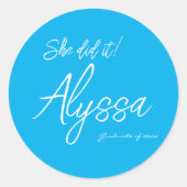 Sticker Rond Elegant Sky Blue Graduation Party She Did It (Devant)