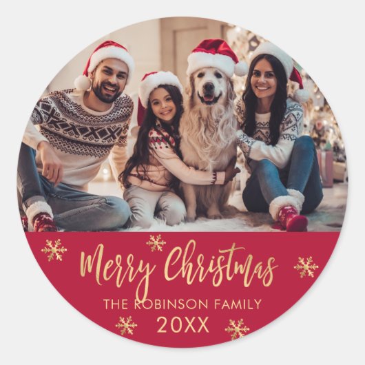 Sticker Rond Elegant Snowflake Red and Gold Photo Christmas (Devant)