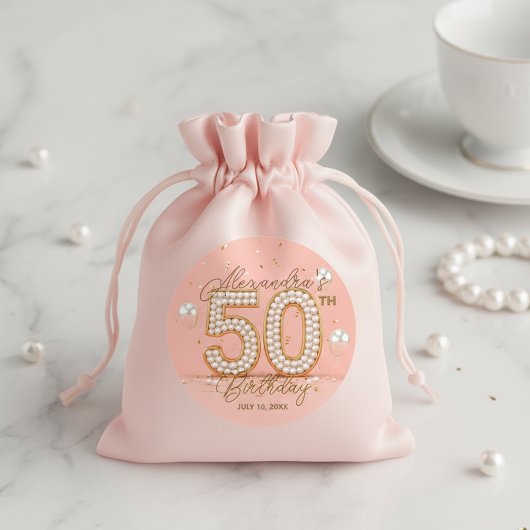 Sticker Rond Elegant Soft Pink Gold Pearly 50th Birthday