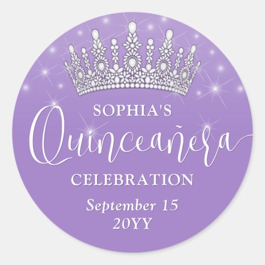 Sticker Rond Elegant Sparkles Quinceañera Crown Lilac Purple (Devant)