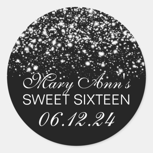 Sticker Rond Élégant Sweet 16 Anniversaire Minuit Glam Silver (Devant)