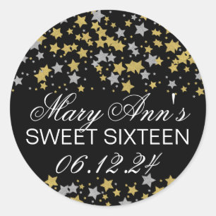 Sticker Rond Elégant Sweet 16 Or Argent Parties scintillant Sta