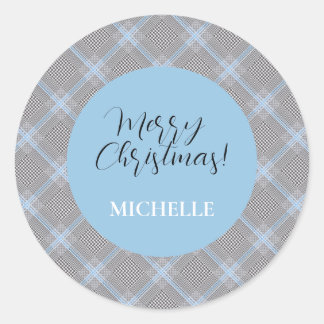 Sticker Rond Élégant Tartan Bleu Moderne Personnalisé