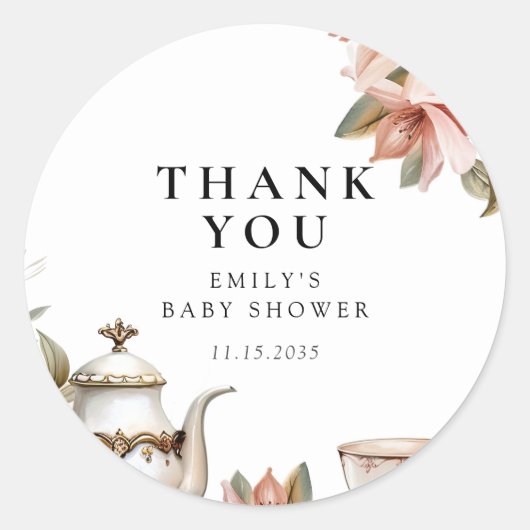 Sticker Rond Elegant Tea Party Baby Shower (Devant)