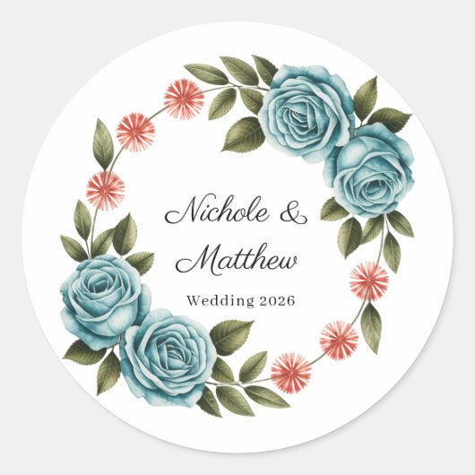 Sticker Rond Elegant Teal Rose & Orange Daisey Wedding (Devant)