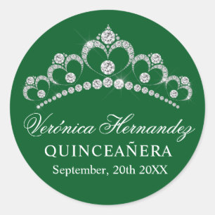 Sticker Rond Elégant Tiara Green espagnol Quinceañera Quince