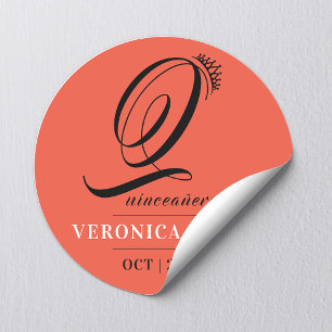 Sticker Rond Elégant Tiara Orange Rouge 15ème Quinceañera Nom