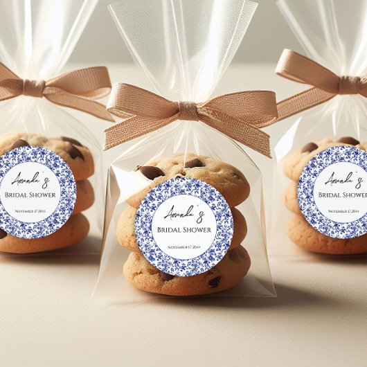 Sticker Rond Élégant Toile Bleue Floral Baby Shower de Mariage